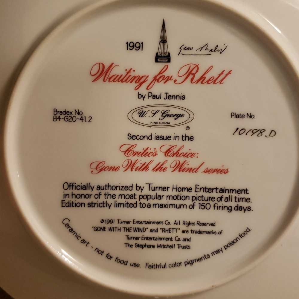 Gone With The Wind Coll. Plate Waiting for Rhett - Picture 3 of 4